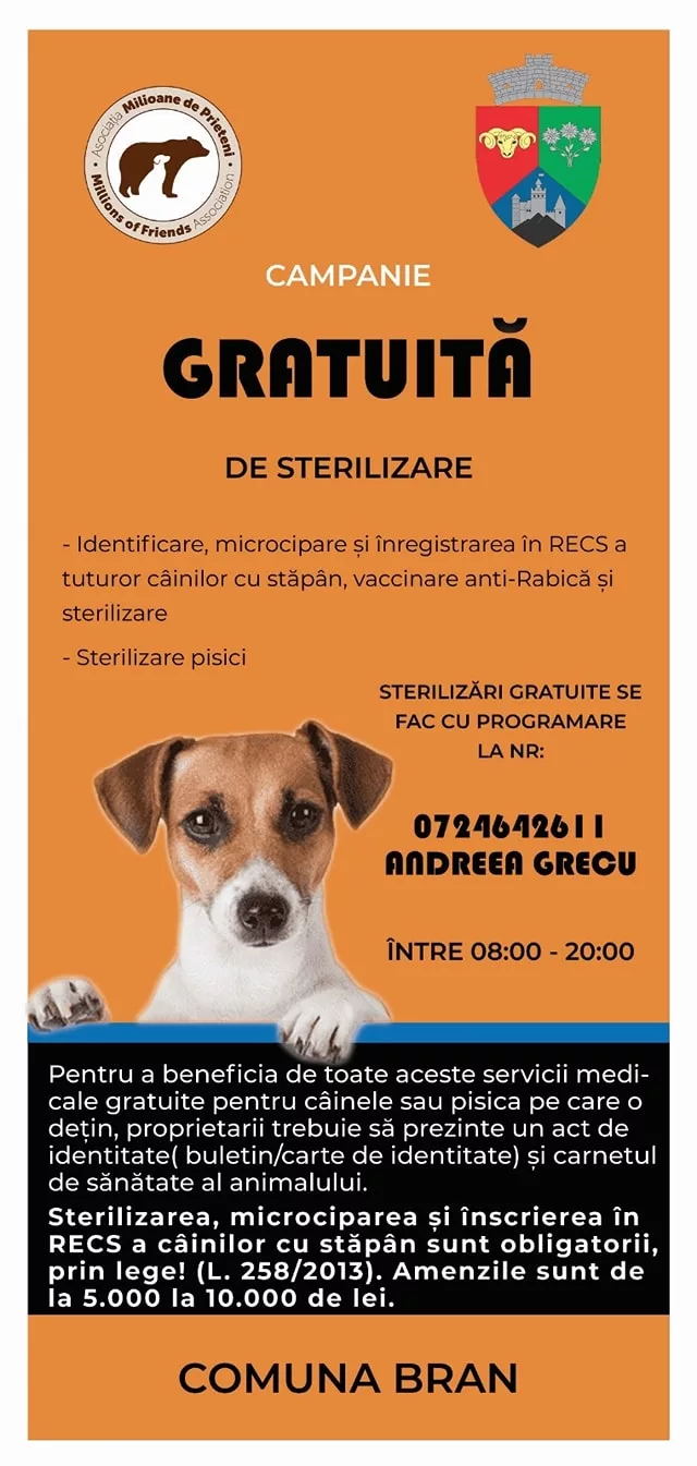 Locuitorii din Bran îşi pot steriliza gratuit câinii şi pisicile.