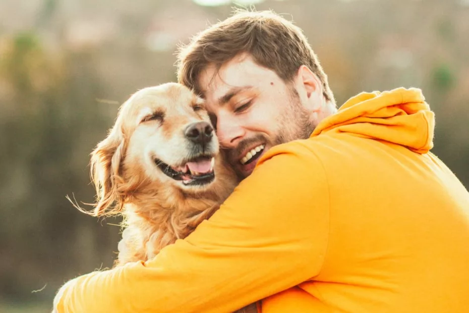 câine care plange cu lacrimi de fericire imbratisare cu stapanul / animale de companie